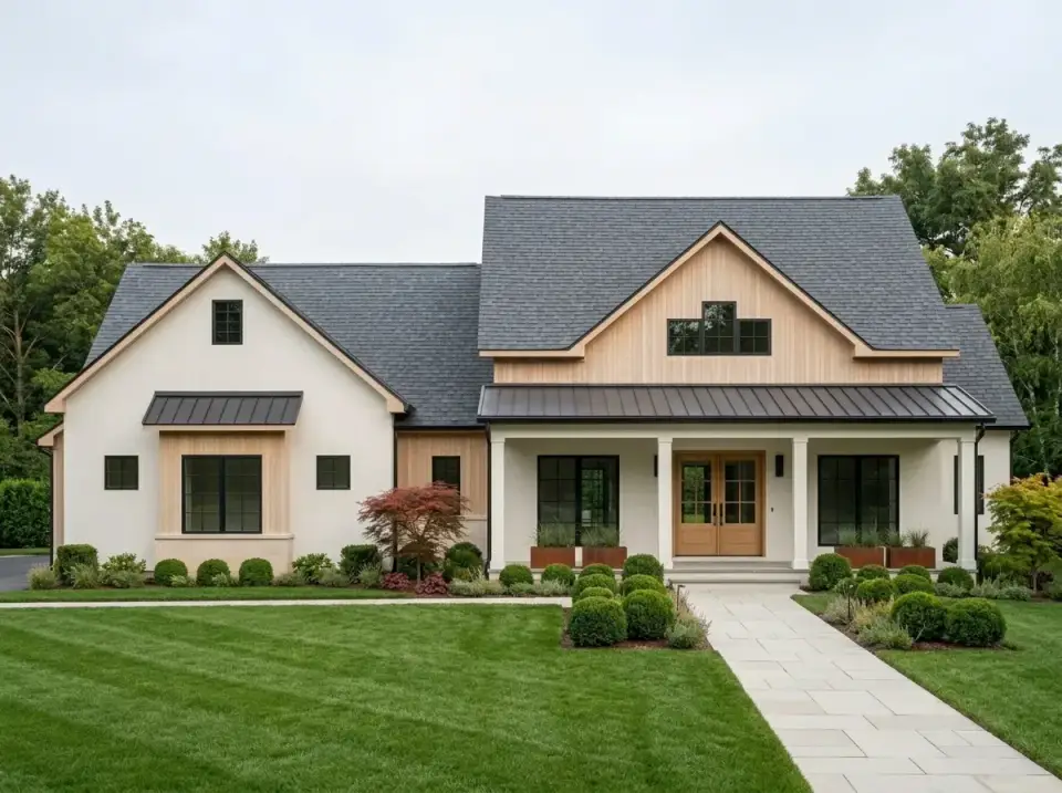 Plan 70954MK natural wood and stone Scandinavian farmhouse facade