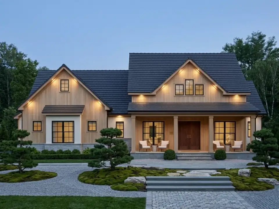 Plan 70954MK warm timber farmhouse with gravel garden at dusk