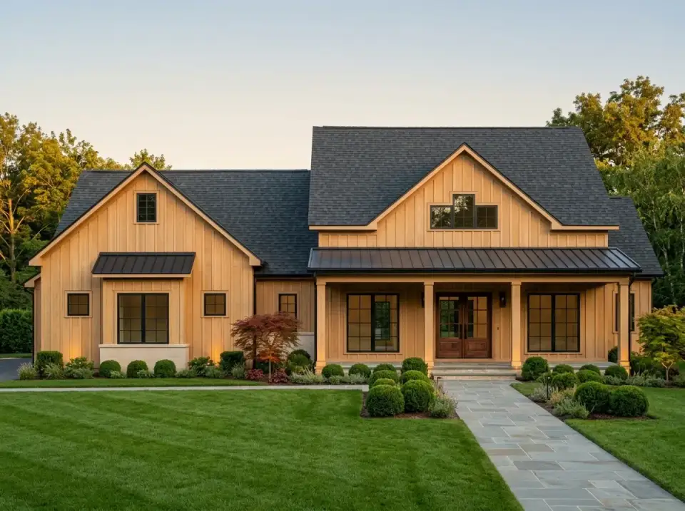 Plan 70954MK warm cedar farmhouse with bronze window frames