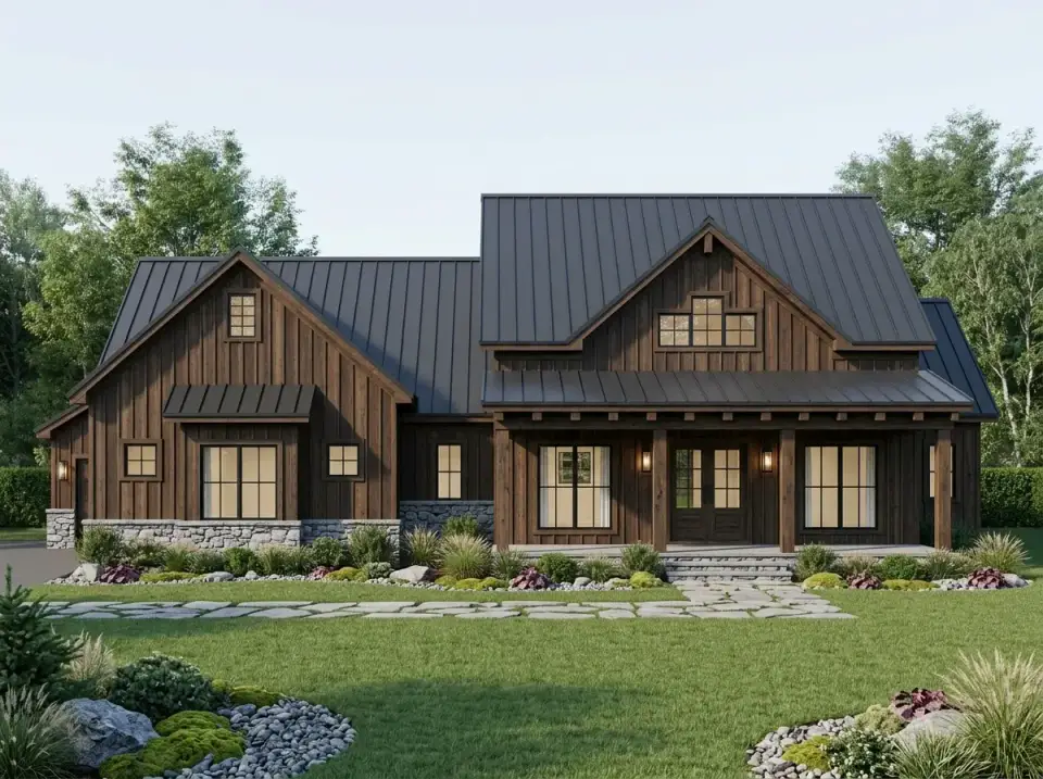 Plan 70954MK dark stained barnwood lodge farmhouse with stone base