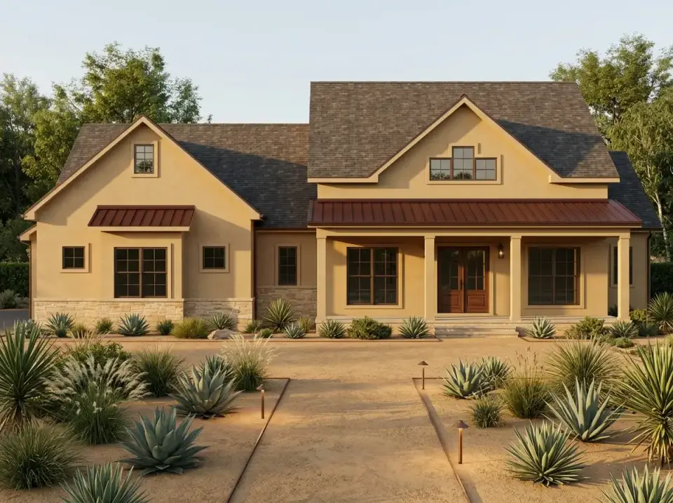 Plan 70954MK stucco farmhouse with russet metal roof and xeriscape