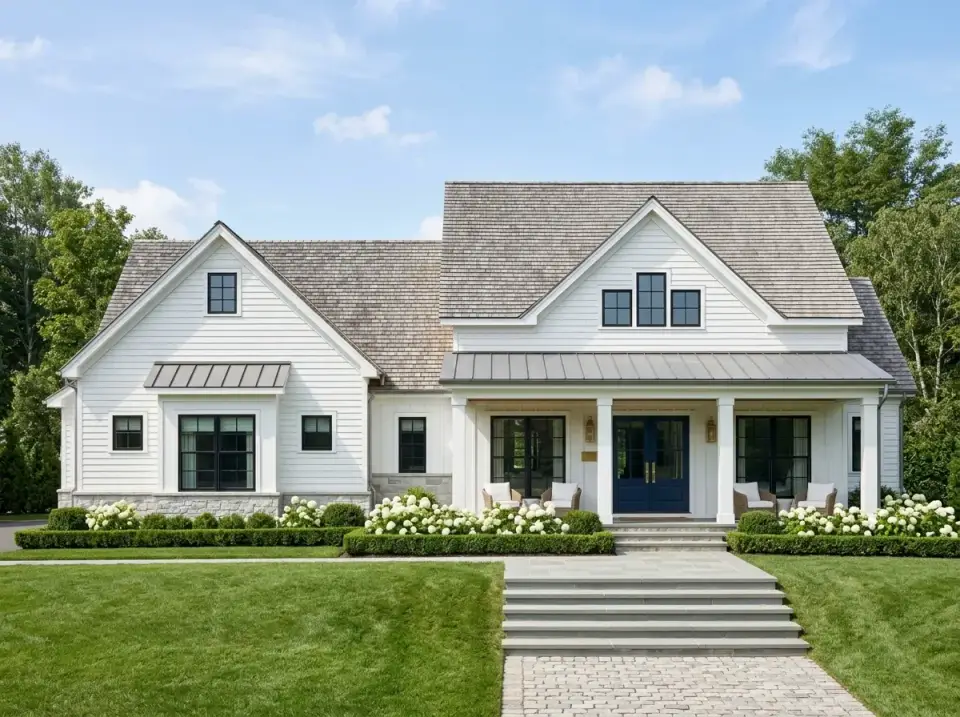 Plan 70954MK formal white shingle farmhouse with cedar roof