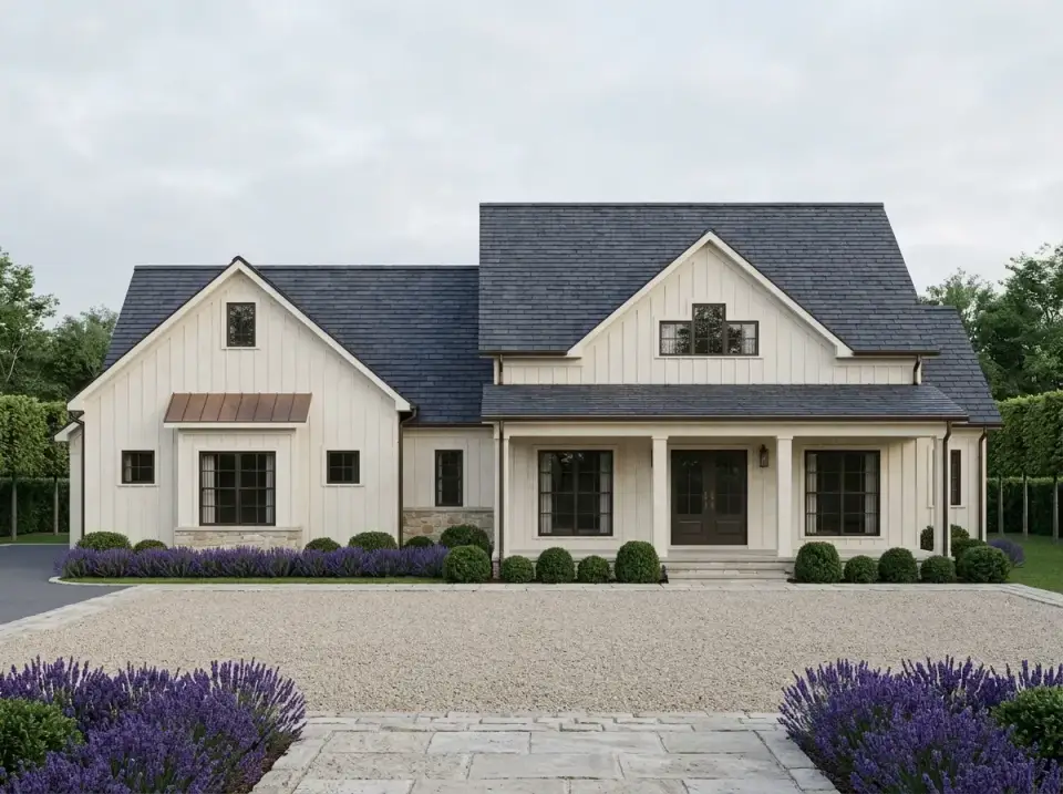 Plan 70954MK French provincial farmhouse with lavender gravel courtyard