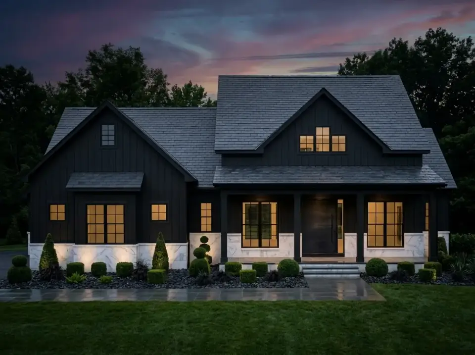 Plan 70954MK all black modern farmhouse with marble porch base