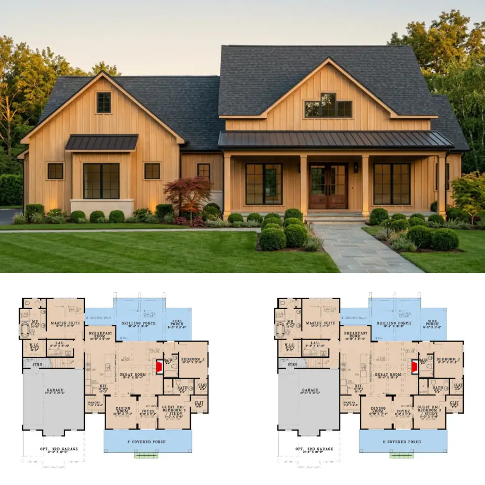 New American Farmhouse Plan with 3 Bedrooms and Flexible Bonus Room