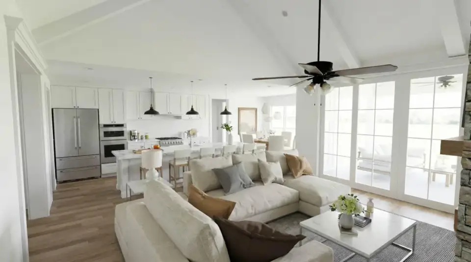 Plan 70954MK open kitchen with white cabinetry and large island