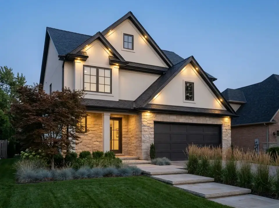 Plan 750020LDG facade variation 1 contemporary stone and stucco with xeriscape