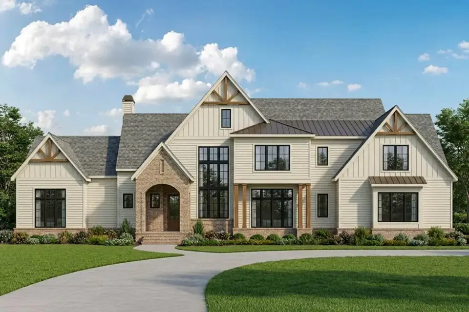 Front exterior of 5-bed European modern farmhouse plan 750024LDG with brick, stone, and board-and-batten