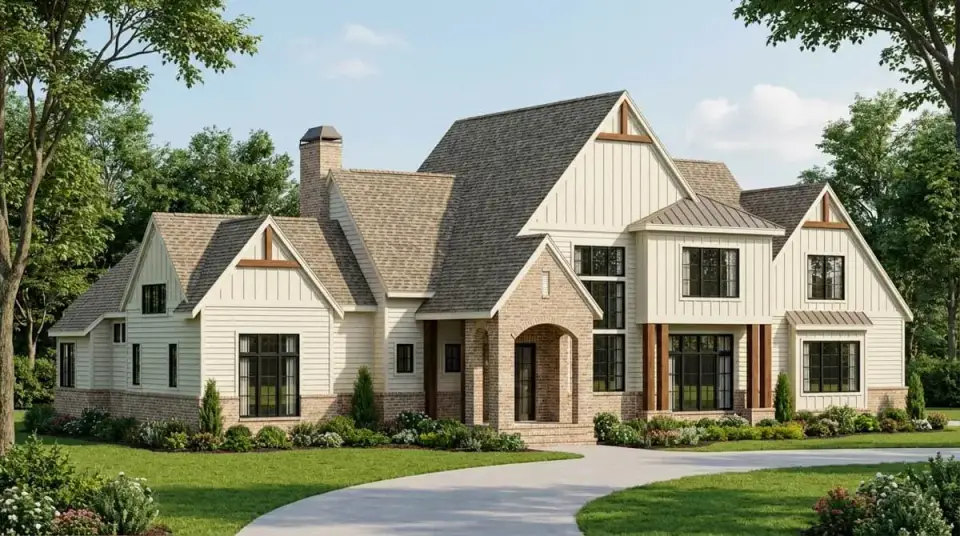 Angled front view of plan 750024LDG showing timber gables and arched entry portico