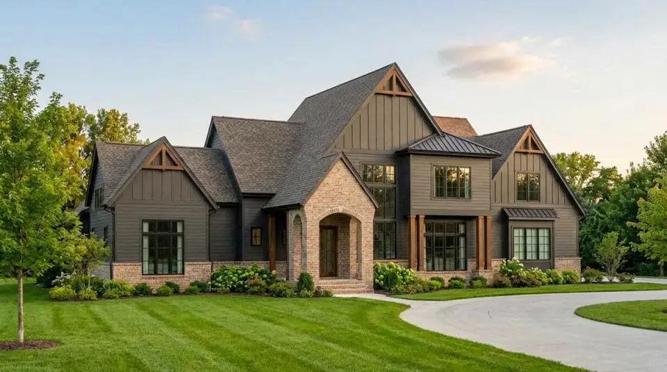 European modern farmhouse exterior with standing-seam metal roof accents on plan 750024LDG
