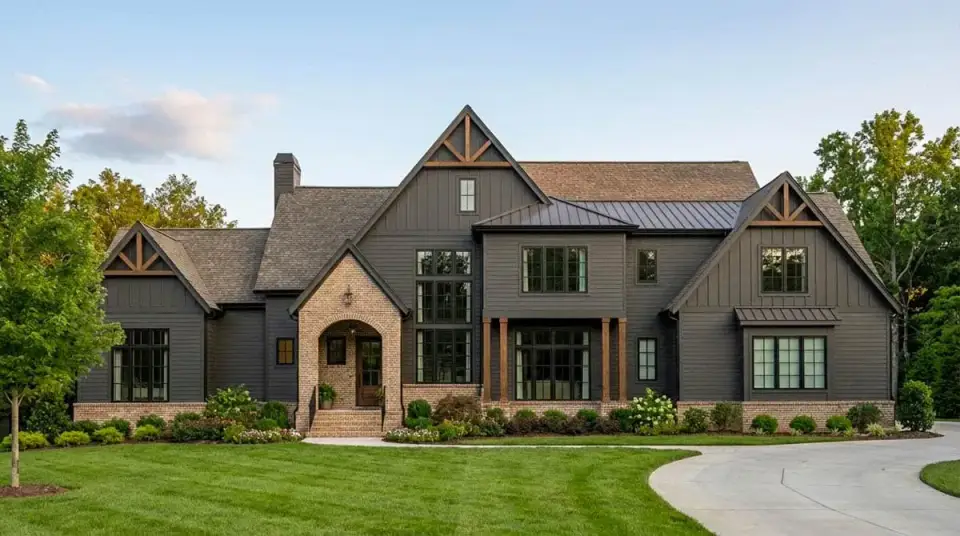 Dark painted siding variation of plan 750024LDG farmhouse facade