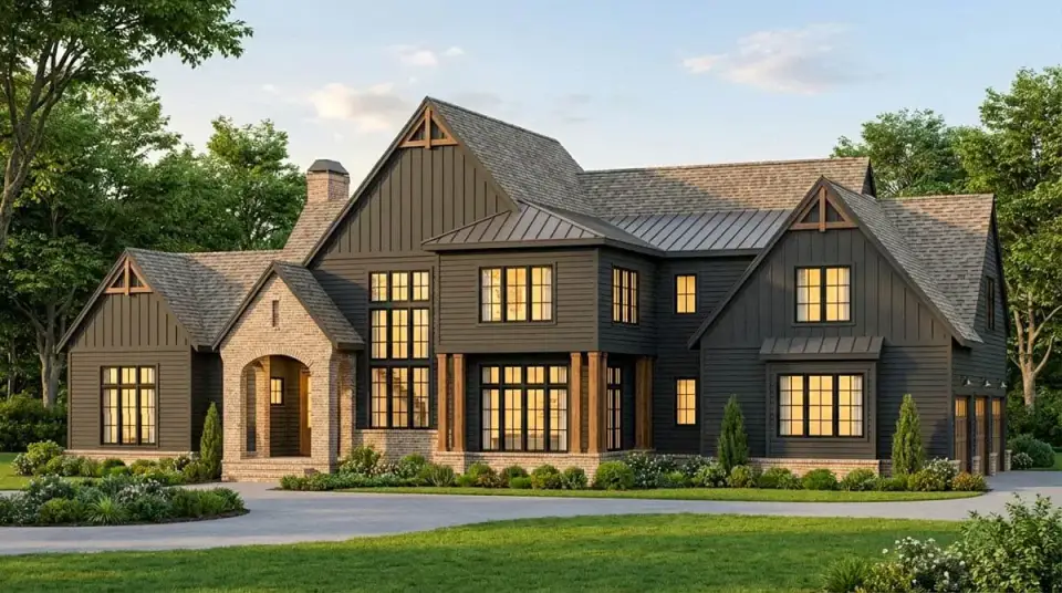 Light stucco rendering of plan 750024LDG with grouped window assemblies