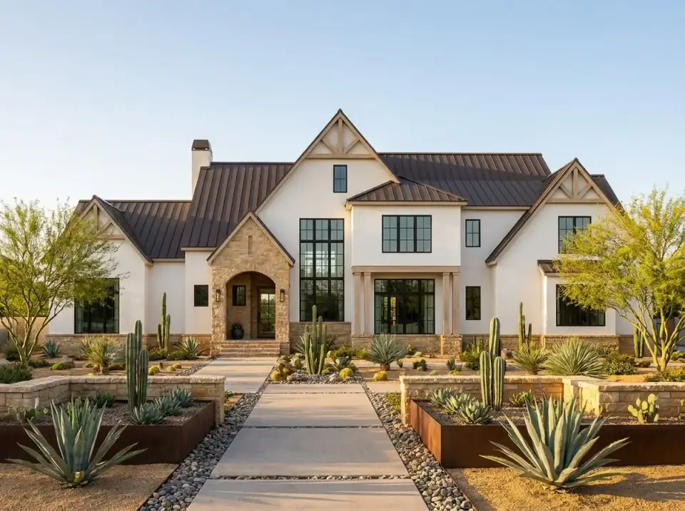 Desert transitional facade variation of plan 750024LDG with white stucco and stone arch