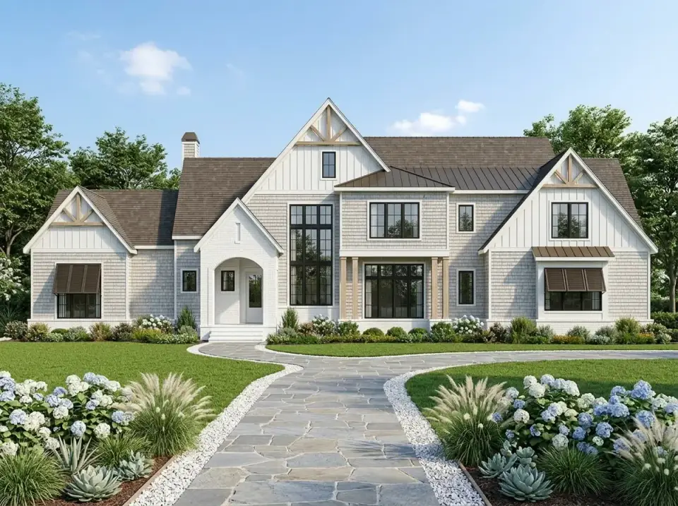 Coastal shingle style facade variation of plan 750024LDG with gray brick and white clapboard