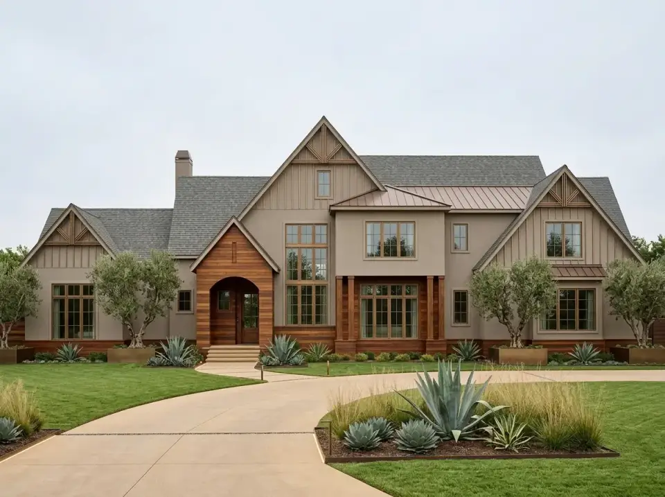 Organic modern craftsman facade of plan 750024LDG with taupe siding and cedar accents