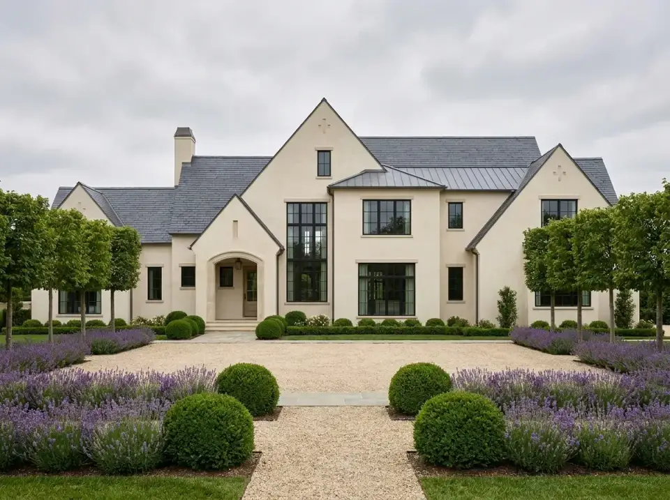 Formal French provincial facade of plan 750024LDG with cream stucco and slate roof