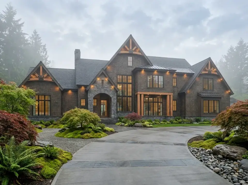 Pacific Northwest lodge facade of plan 750024LDG with stained cedar shingles and stone veneer