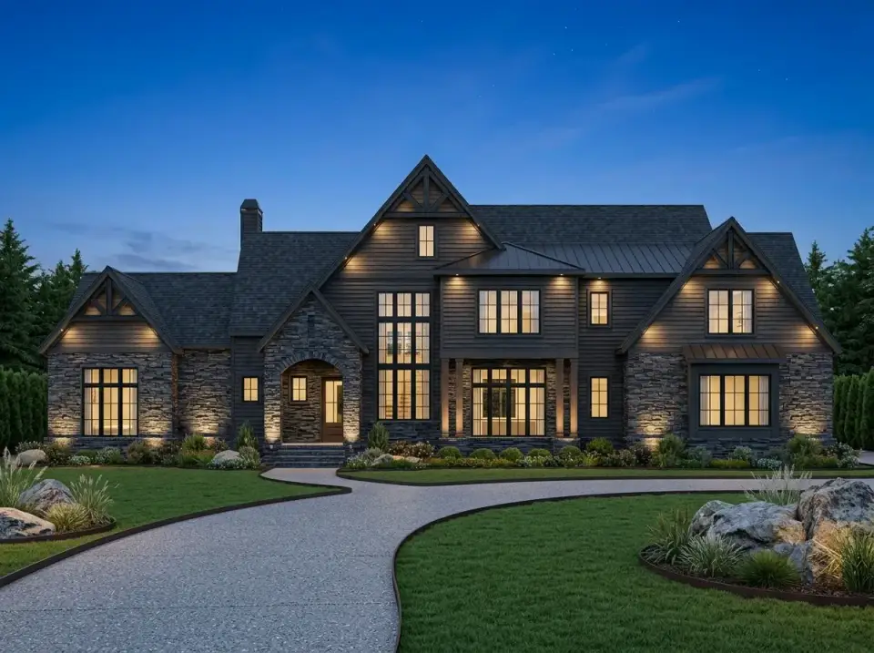 Alpine stone lodge facade of plan 750024LDG with ledgestone veneer and charcoal siding