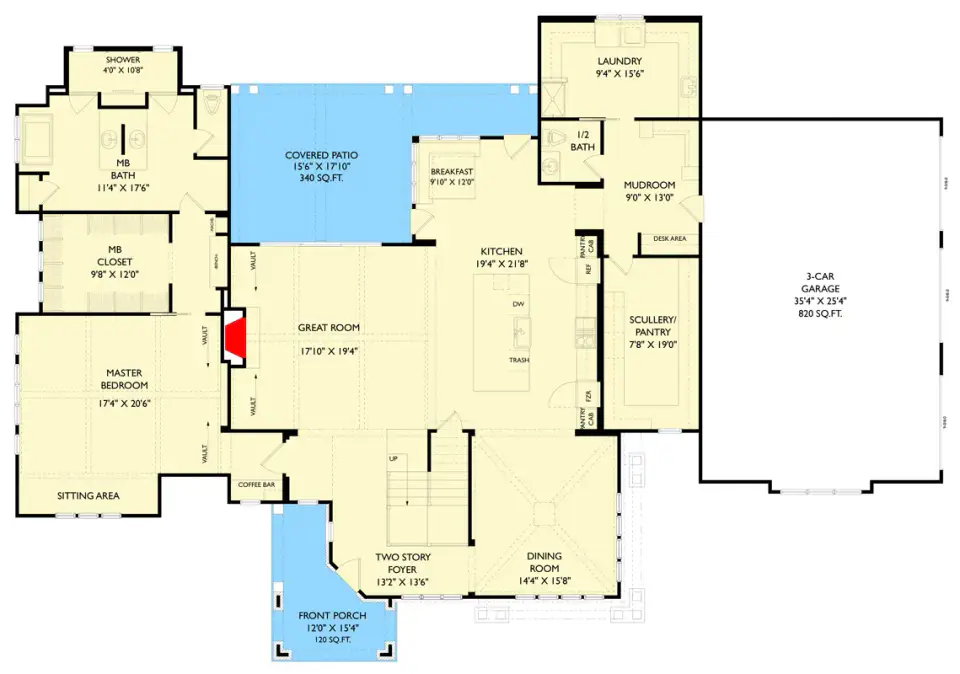 Main level floor plan of European modern farmhouse plan 750024LDG with scullery and main-floor primary suite