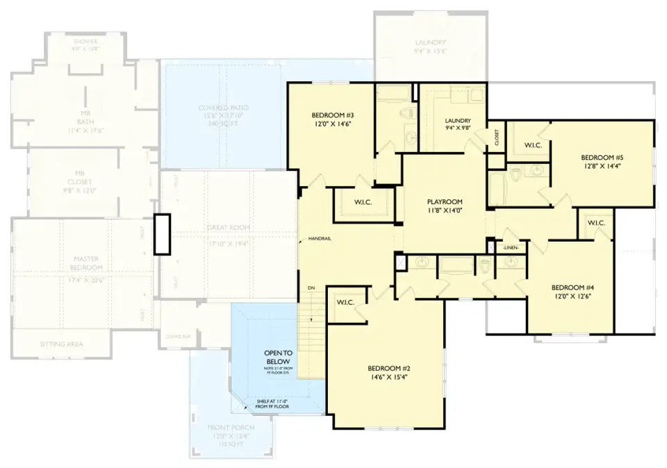 Second floor plan of plan 750024LDG showing four bedrooms, central playroom, and second laundry