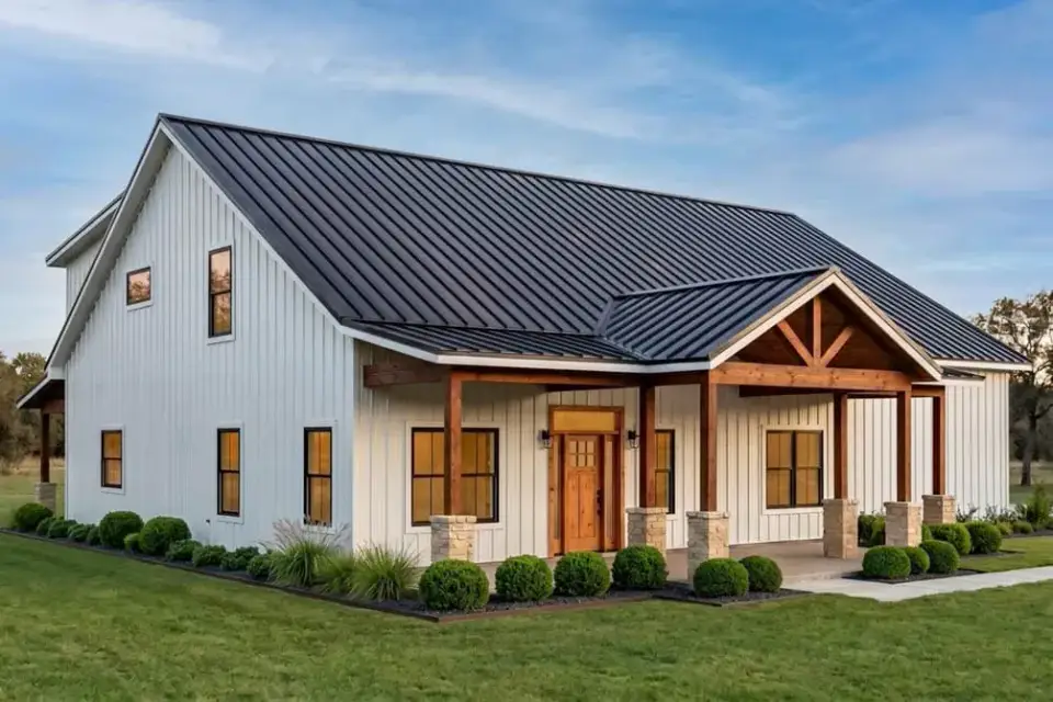 Front exterior of the modern barndominium farmhouse with board-and-batten siding and metal roof