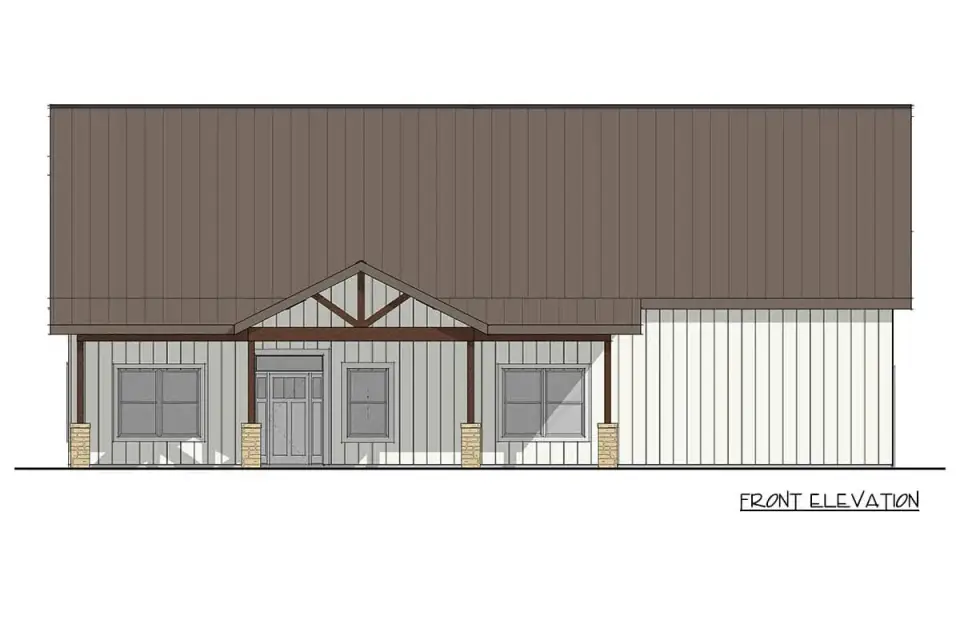 Angled view of the barndominium showing the timber-truss entry porch and stone column bases