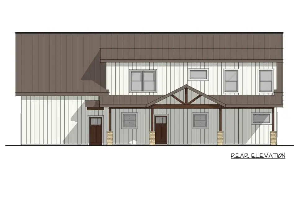 Side elevation of the barndominium farmhouse with steep gable roofline