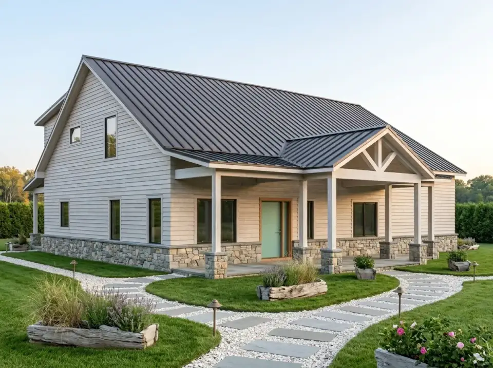 Stone and shingle farmhouse facade variation with gray siding and green door