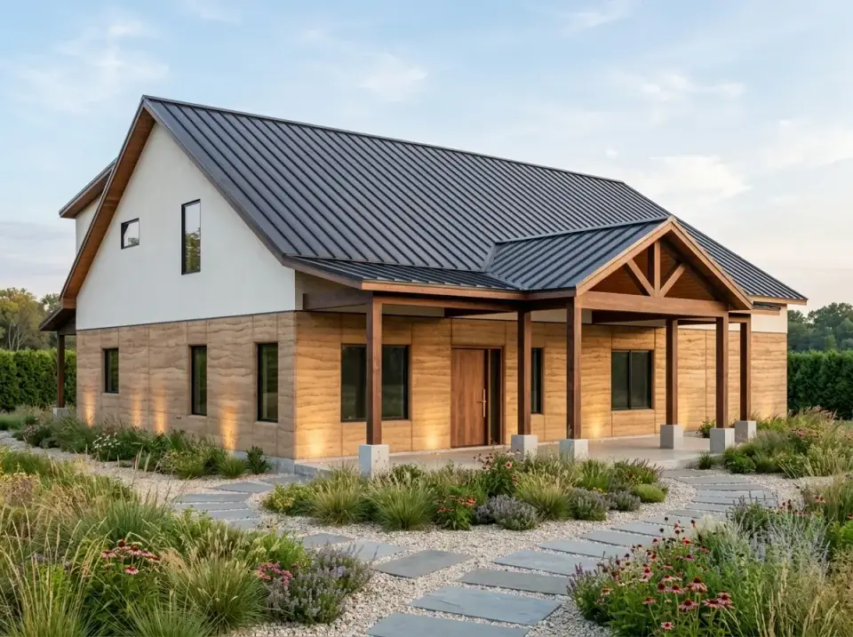 Contemporary earth facade with textured stone veneer and native plantings