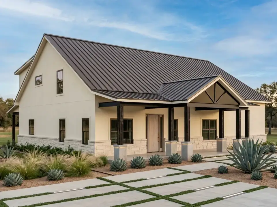 Desert modern facade with cream stucco, limestone wainscot, and xeriscaping