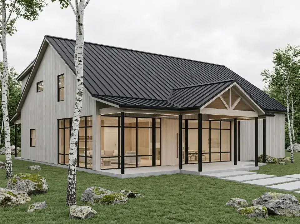 Scandinavian glass front facade with gray board-and-batten and full-height glazing