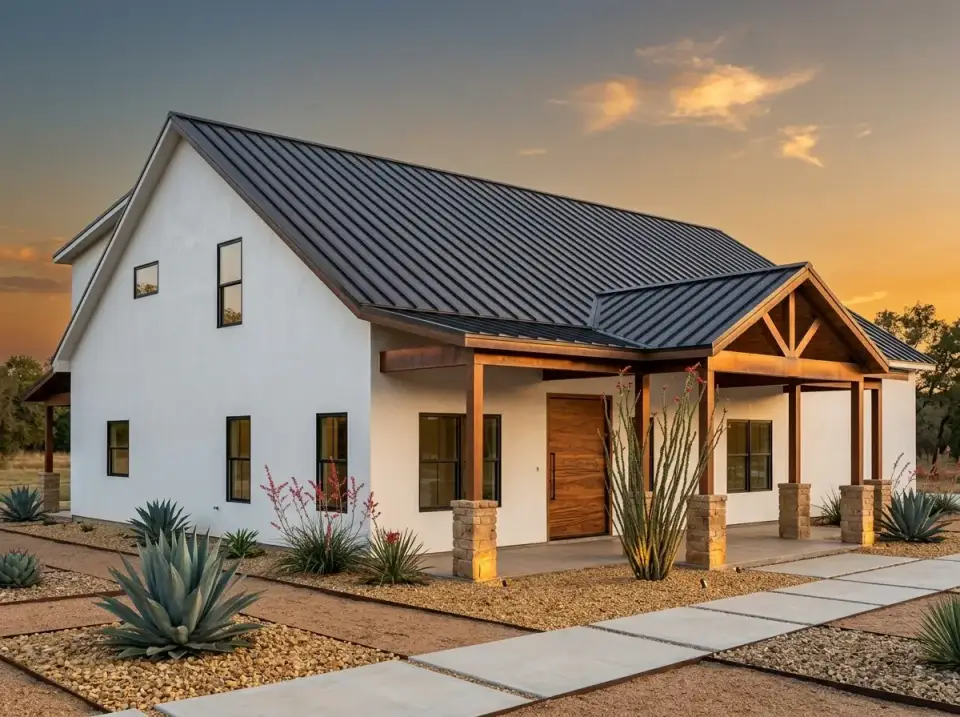 Southwest barndo facade with white stucco, timber posts, and stacked stone piers