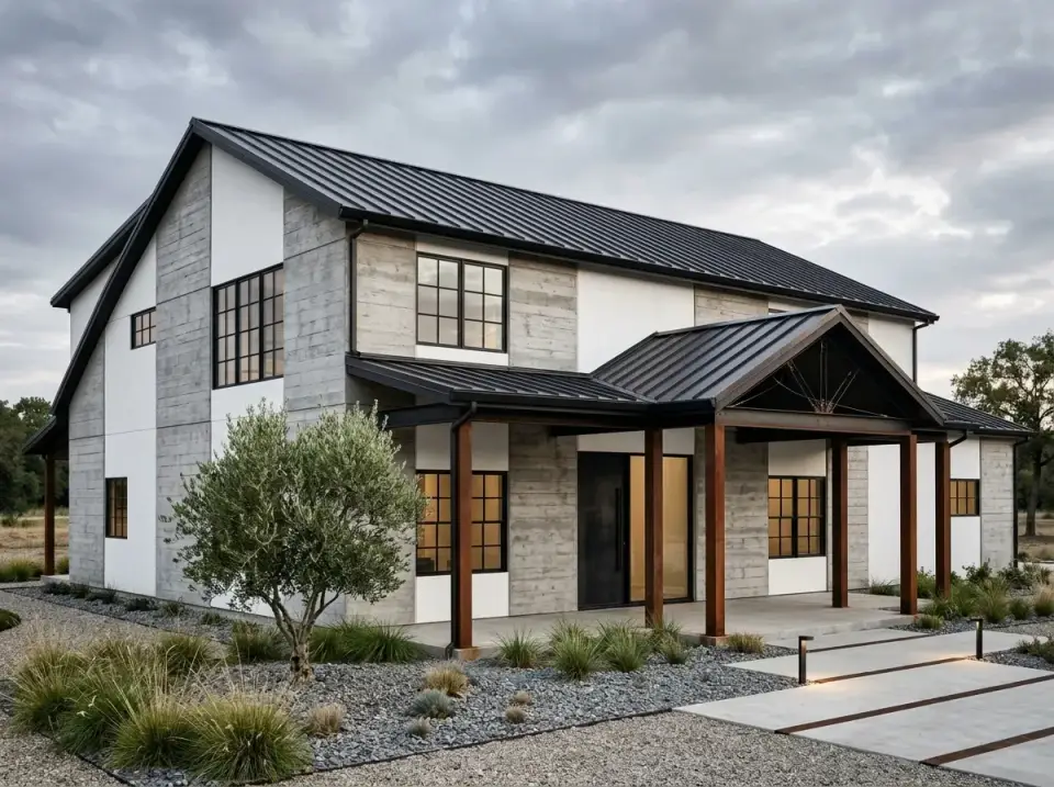 Industrial modern facade with weathered wood paneling and black steel window grids