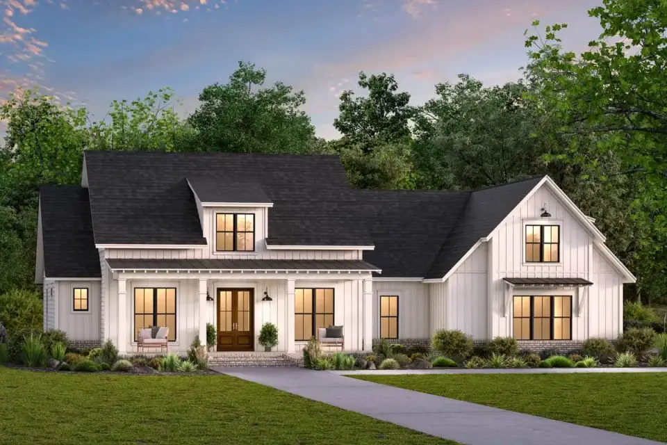 Modern farmhouse plan side elevation with mudroom entry