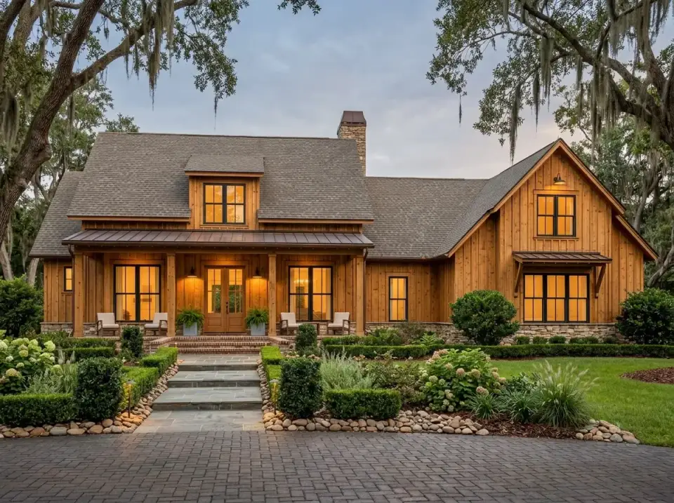Rustic natural cedar farmhouse with flagstone path and boxwood hedges