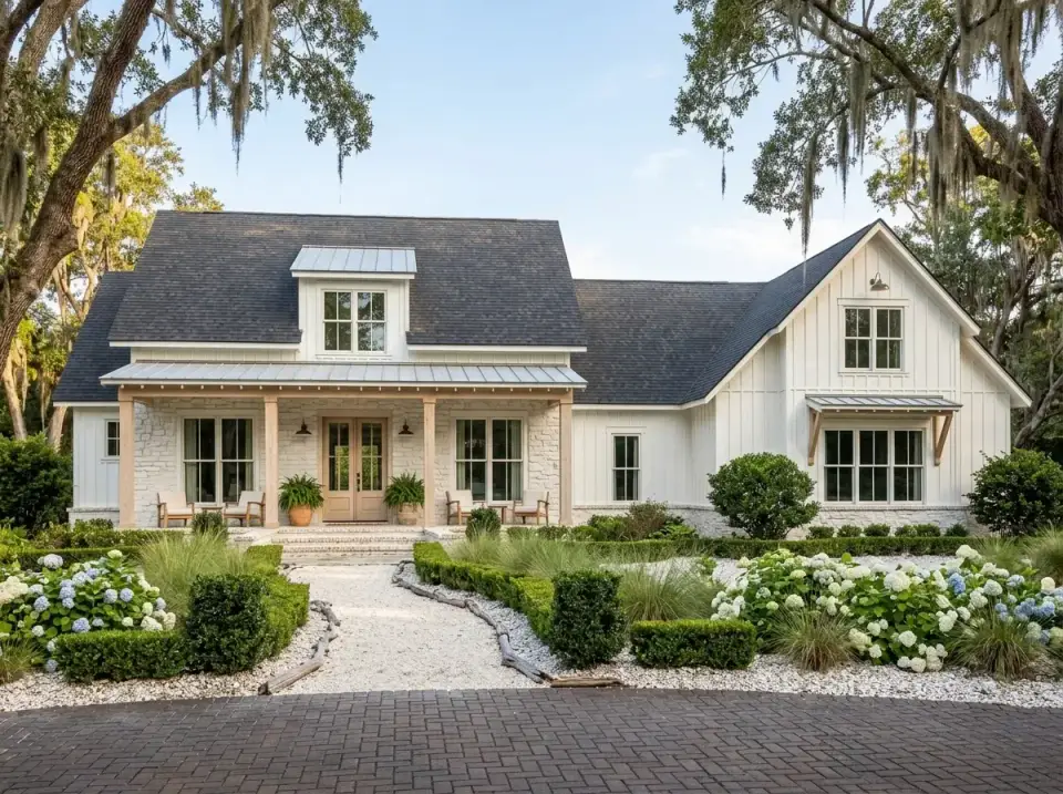 Coastal white brick modern farmhouse with crushed shell path and hydrangeas