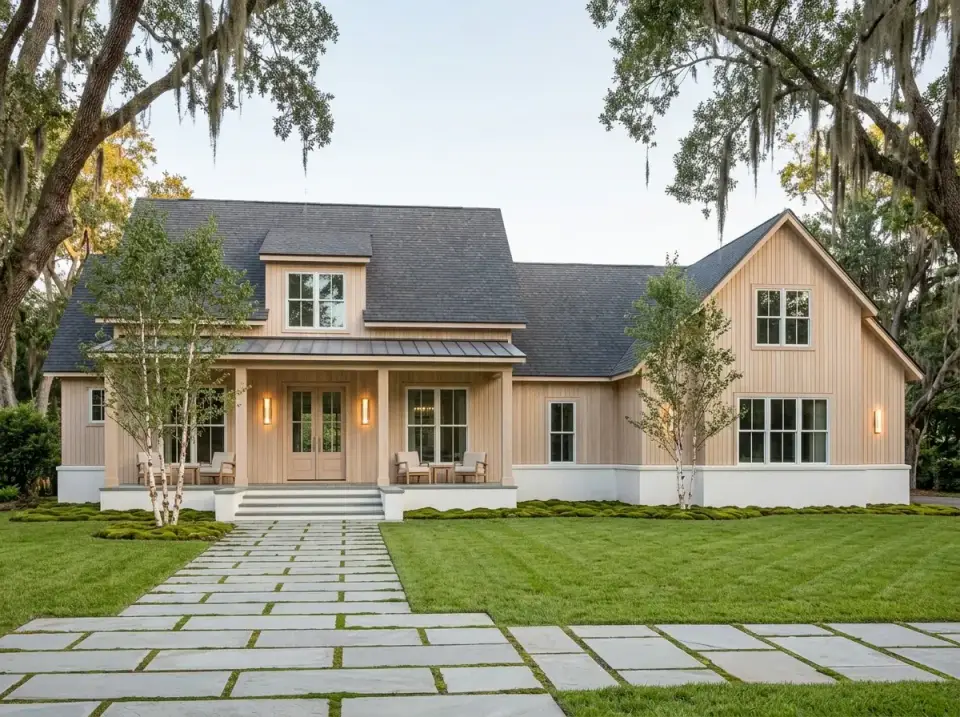 Scandinavian minimalist farmhouse with light wood siding and birch trees