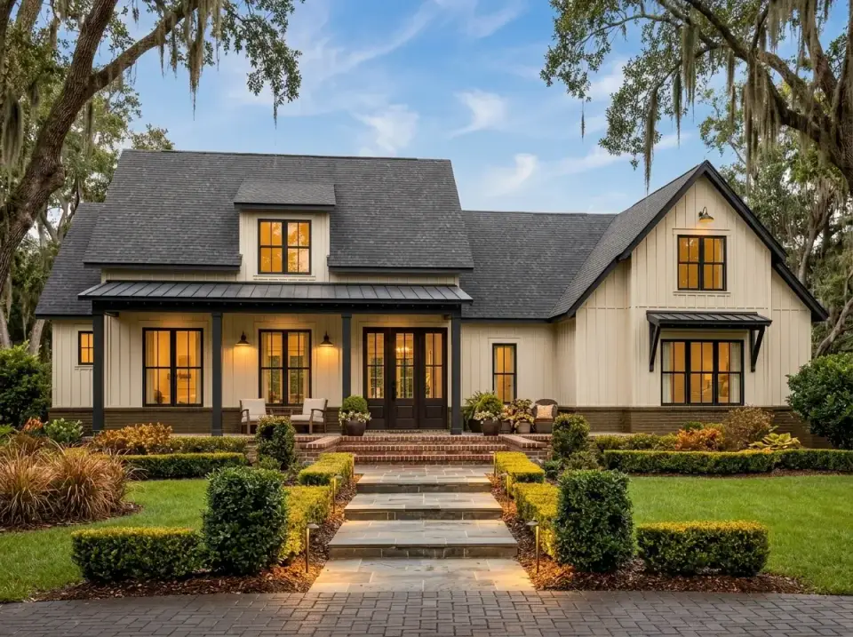 Warm cream siding bronze metal roof farmhouse with brick path