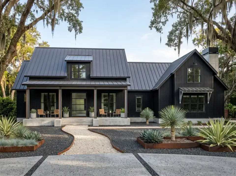 Modern metal and concrete farmhouse with corten steel planters and agave