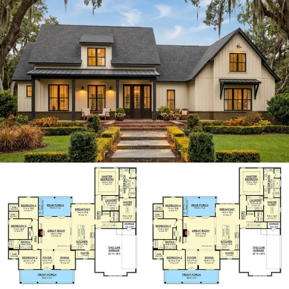 Modern Farmhouse Plan: 4 Bed, 3 Bath with Bonus Room