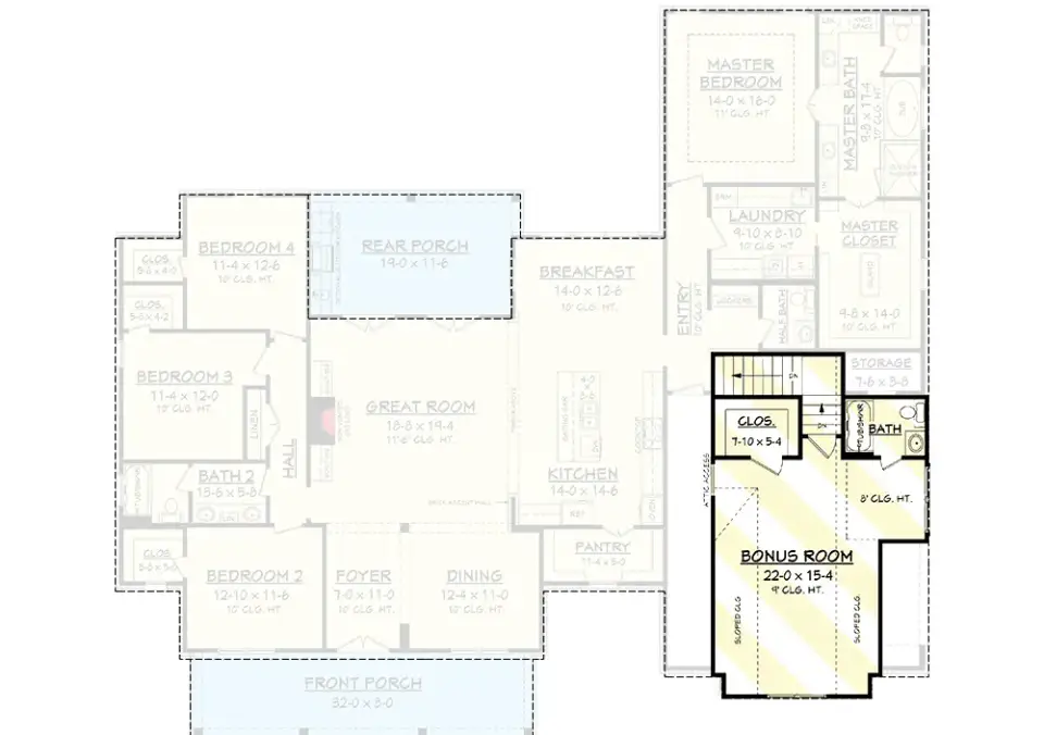 Modern farmhouse house plan bonus room over garage with full bath and closet