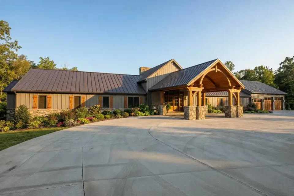Side view of single-story luxury barndominium showing attached four-car RV garage and rhythmic window placement