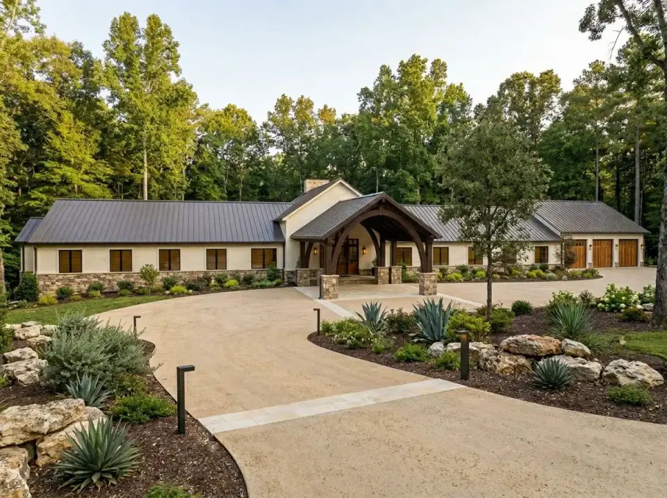 Arid contemporary barndominium with light stucco, stone wainscot, dark timber portico, and xeriscaping