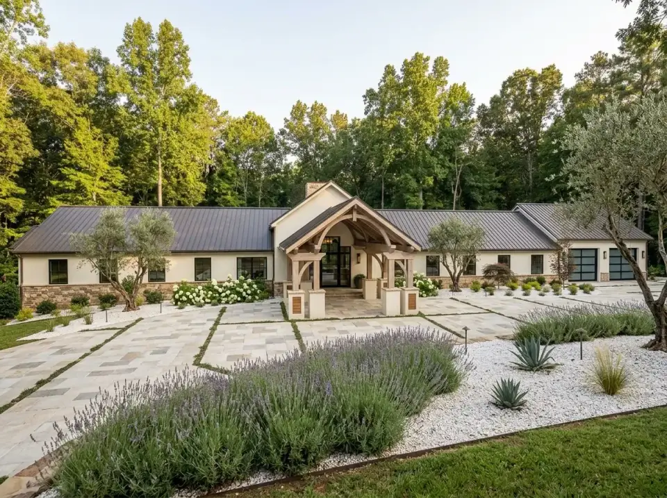 Mediterranean-inspired ranch barndominium with natural wood portico, lavender rows, and olive trees