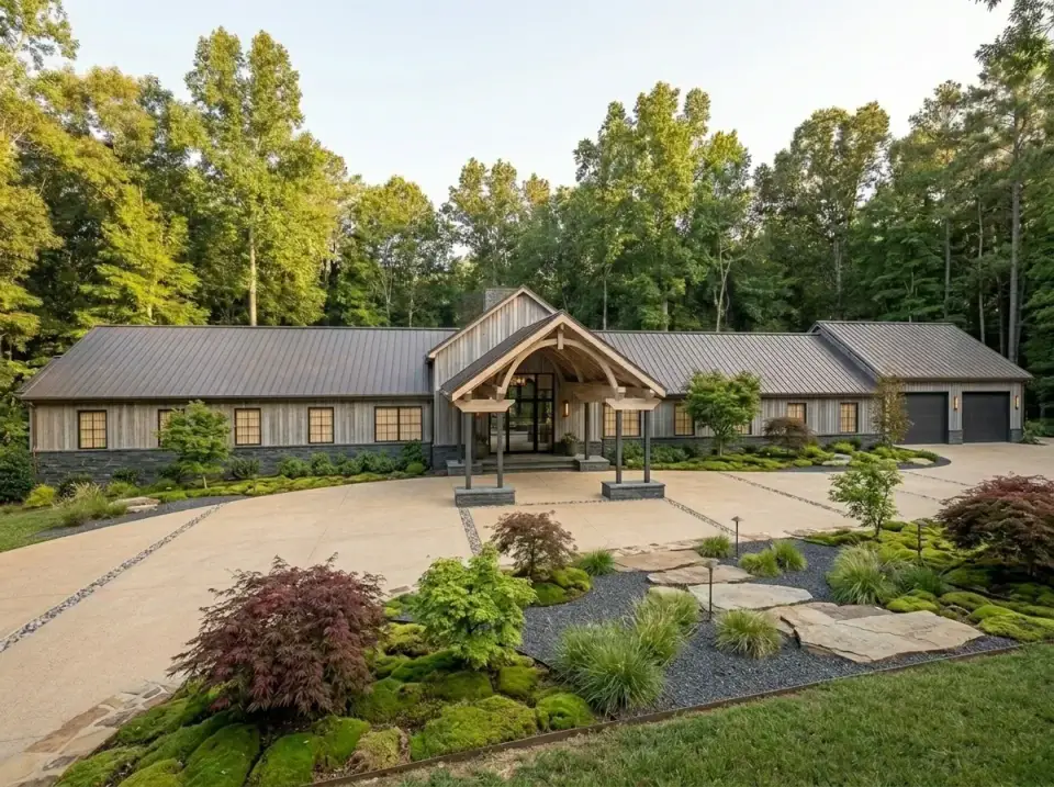 Japandi zen ranch barndominium with weathered gray siding, Japanese maple, moss, and dark gravel