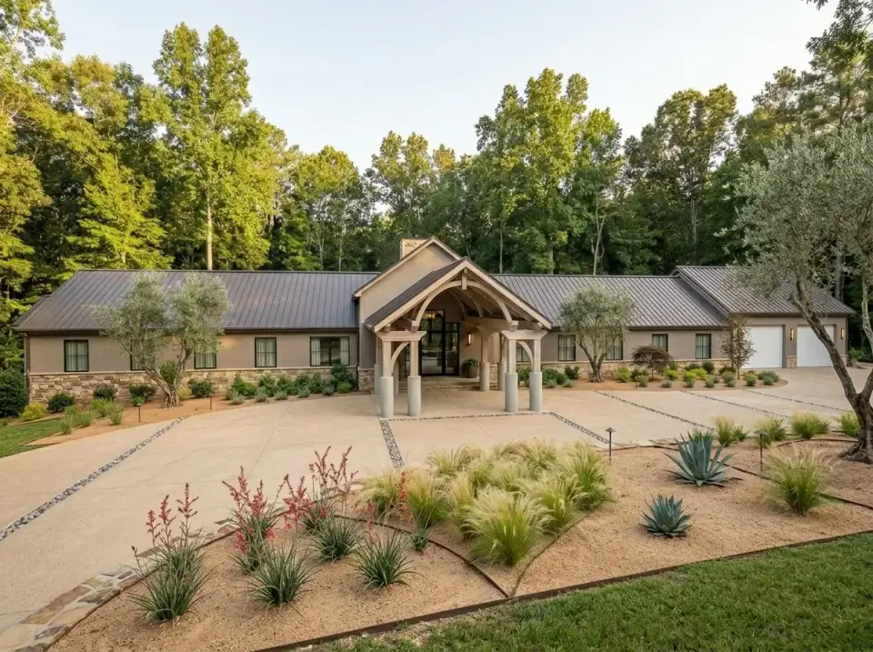 Desert Santa Fe modern barndominium in earthen tones with agave, yucca, and olive trees