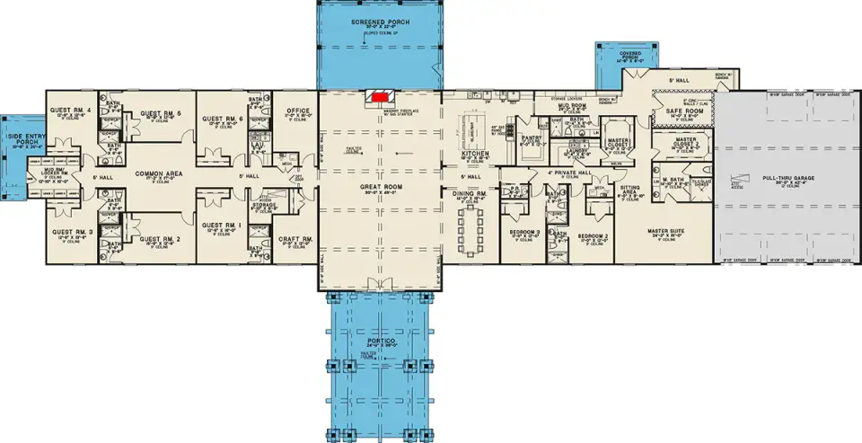 Single-story 9-bedroom barndominium floor plan with central great room, master wing, and six-bedroom guest wing