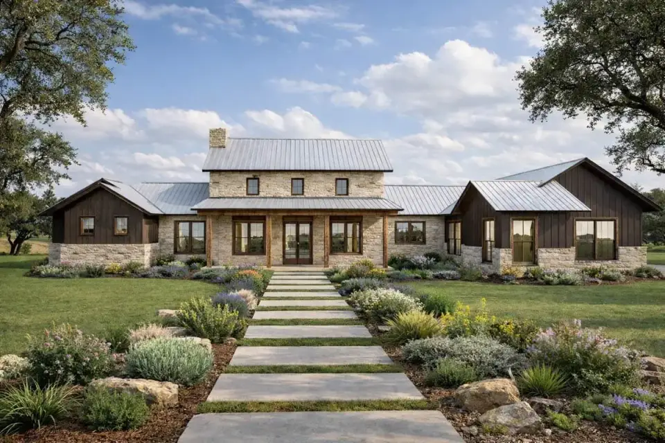 Modern Hill Country Farmhouse exterior front elevation with board-and-batten siding, stone veneer base and standing-seam metal roof