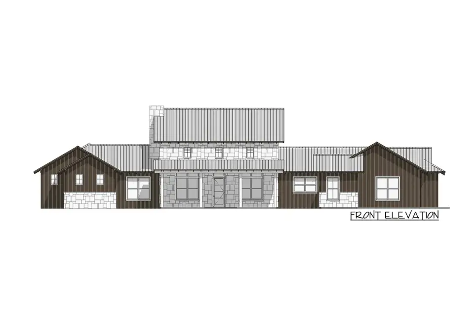 Standing-seam metal roof and gable detail on a Hill Country Farmhouse plan