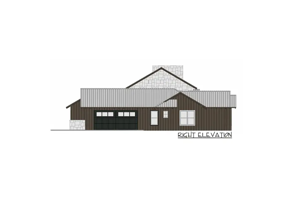Three-quarter view of single-story Hill Country Farmhouse plan showing porch, gables and metal roof